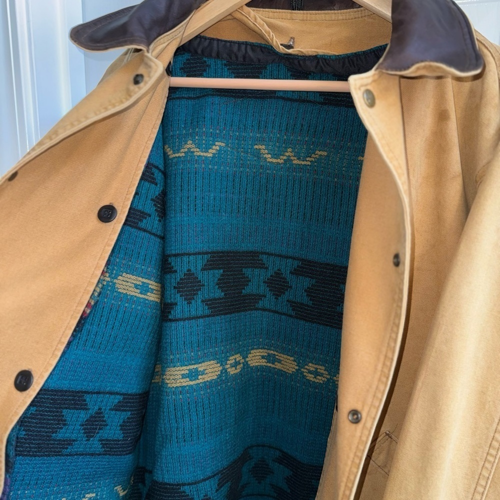 Vintage Woolrich Chore Coat Cotton Mens L Tan Leather Collar Removable Fleece - Picture 5 of 12